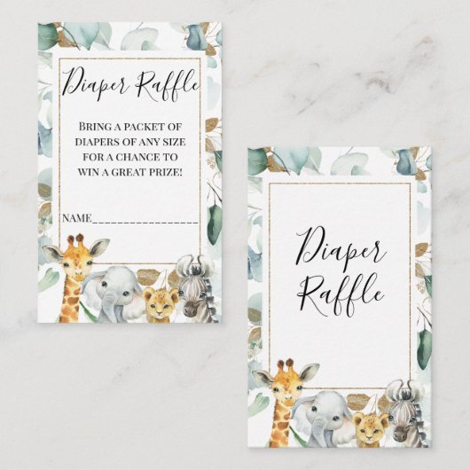 Gouden Eucalyptus Safari Luier Raffle Insert Visitekaartje (Voorkant / Achterkant)