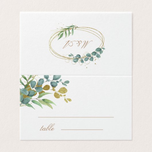 gouden eucalyptus verlaat de groene trouwtafel kaart (Buitenkant ongevouwen)