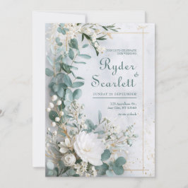 Gouden Eucalyptus Witte Bloemrijke Kust Bruiloft Kaart