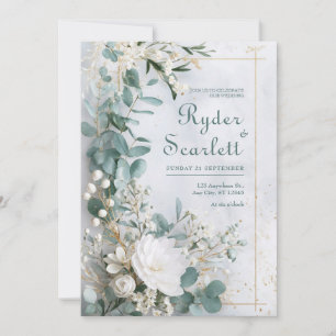 Gouden Eucalyptus Witte Bloemrijke Kust Bruiloft Kaart