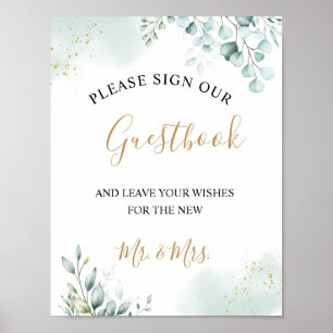 Gouden Eucalyptusbladeren Groene Huwelijksgastenbo Poster
