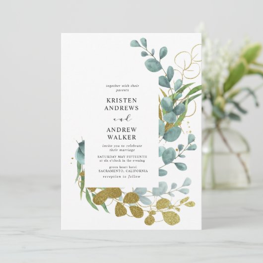 gouden eucalyptusbruinbruinbruiloft kaart (Staand voorkant)