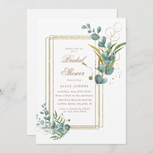 gouden eucalyptusgroene bruiddouche Uitnodiging (Voorkant / Achterkant)