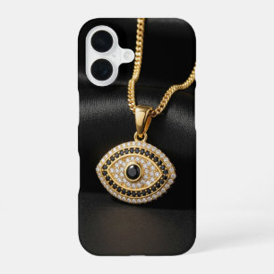 Gouden Evil Eye Ketting op Zwarte Zijde Stof iPhone 16 Hoesje
