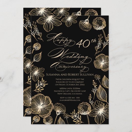 Gouden exotische bloemen 40ste huwelijksverjaardag kaart (Voorkant / Achterkant)
