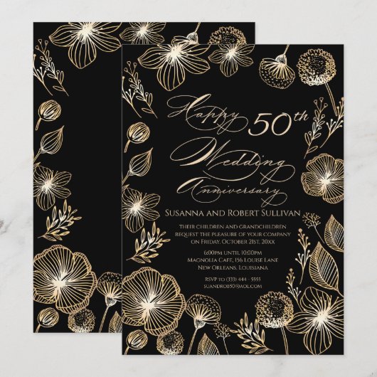 Gouden exotische bloemen 50ste huwelijksjubileum kaart (Voorkant / Achterkant)