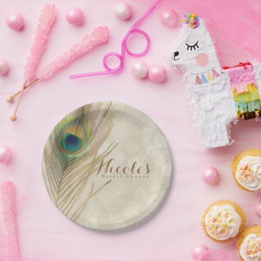 Gouden Exotische Peacock Feather Glam Elegant Part Papieren Bordje (Feest)