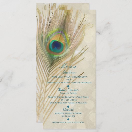 Gouden Exotische Peacock Feather Glam Party Menu (Voorkant / Achterkant)
