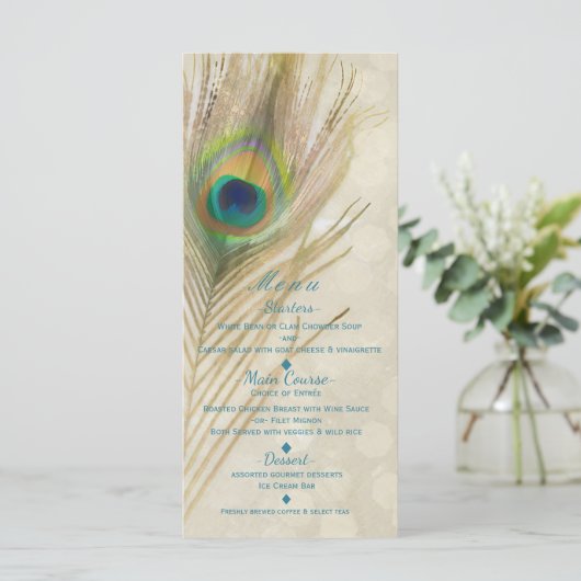 Gouden Exotische Peacock Feather Glam Party Menu (Staand voorkant)