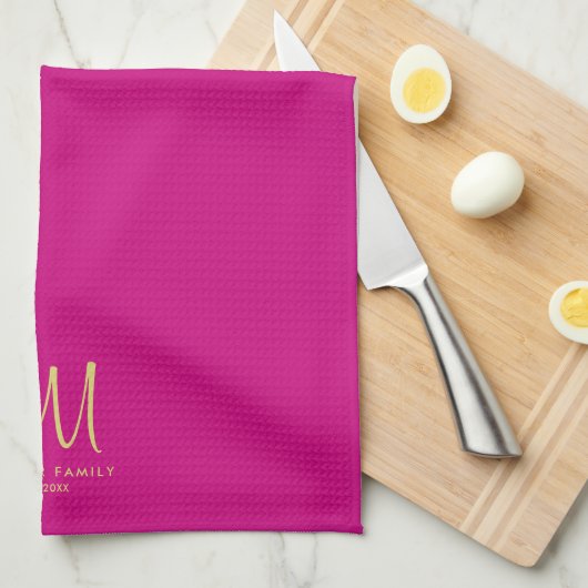 Gouden familienaam Monogram Viva Magenta Effen kle Theedoek (Quarter Fold)