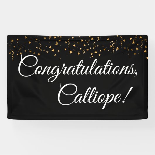 Gouden Faux Confetti Wit op Zwart Gefeliciteerd Spandoek (Horizontaal)