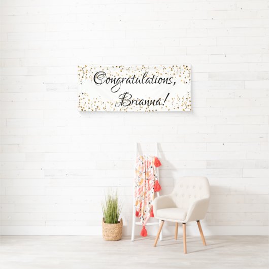 Gouden Faux Confetti Zwart-wit Gefeliciteerd Spandoek (Insitu)