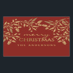 Gouden Faux Folie Merry Christmas Holly Branches Rechthoekige Sticker<br><div class="desc">Elegante kerst vakantie stickers kunt u personaliseren met jouw naam of aangepaste bericht. Stijlvolle holly takken en bessen in een prachtig faux goud metallic effect op bordeaux rode achtergrond. Voeg gewoon jouw naam of gepersonaliseerde begroeting toe voor gebruik als geschenk labels. Trendy moderne gemengde typografie is perfect voor hippe trendy...</div>