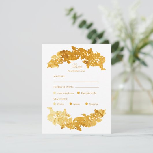 Gouden Faux Folie Rococo Maaltijdkeuze RSVP-kaart RSVP Kaartje (Staand voorkant)