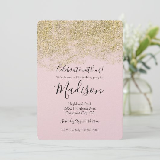 Gouden Faux Glitter Blush Roze Sparkle Kaart (Staand voorkant)