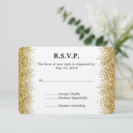Gouden Faux Glitter Bruiloft RSVP (Staand voorkant)