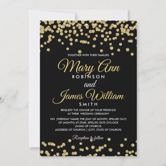 Gouden Faux Glitter Confetti Elegant Bruiloft Zwar Kaart (Voorkant)