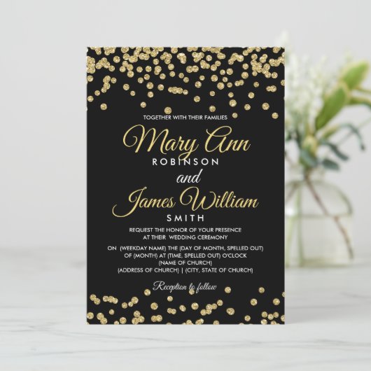 Gouden Faux Glitter Confetti Elegant Bruiloft Zwar Kaart (Staand voorkant)
