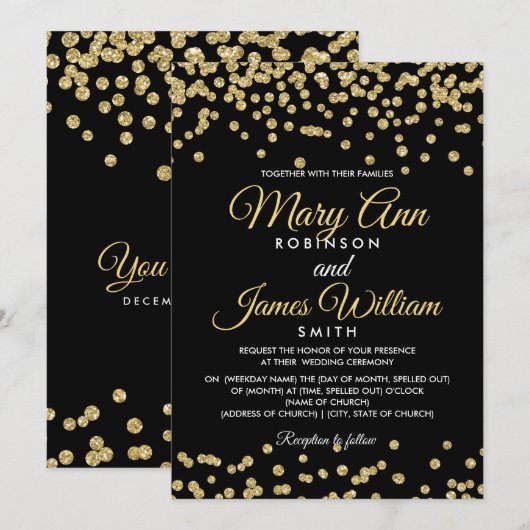 Gouden Faux Glitter Confetti Elegant Bruiloft Zwar Kaart (Voorkant / Achterkant)
