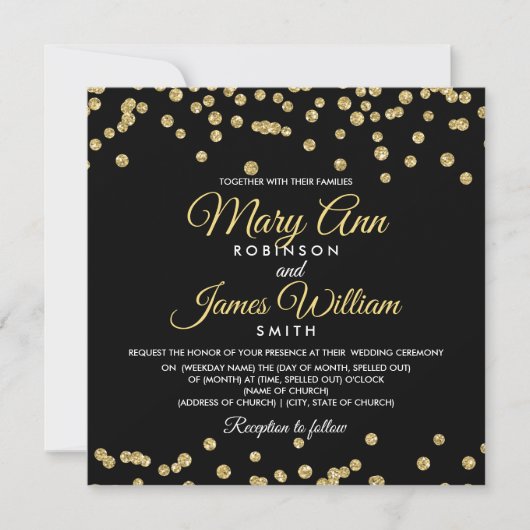 Gouden Faux Glitter Confetti Elegant Bruiloft Zwar Kaart (Voorkant)
