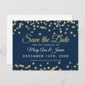 Gouden Faux Glitter Confetti Navy Blue Opslaan van Aankondigingskaart (Voorkant / Achterkant)