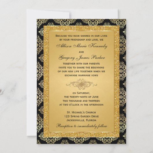 Gouden FAUX Glitter, Damask bruiloft uitnodiging (Voorkant)
