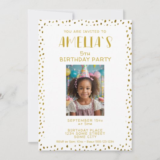 Gouden Faux Glitter Kinder Meisje Foto Verjaardag Kaart (Voorkant)