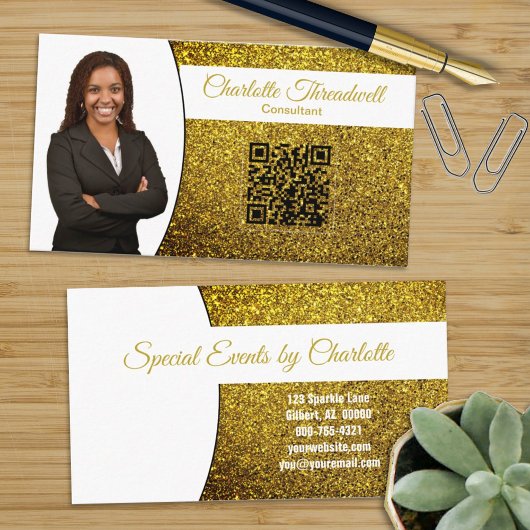 Gouden Faux Glitter met aangepaste foto & QR-code Visitekaartje