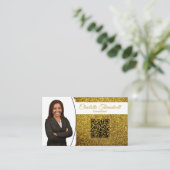 Gouden Faux Glitter met aangepaste foto & QR-code Visitekaartje (Staand voorkant)