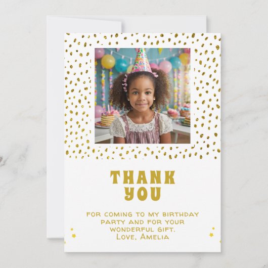 Gouden Faux Glitter Verjaardag Meisje Foto Bedankkaart (Voorkant)