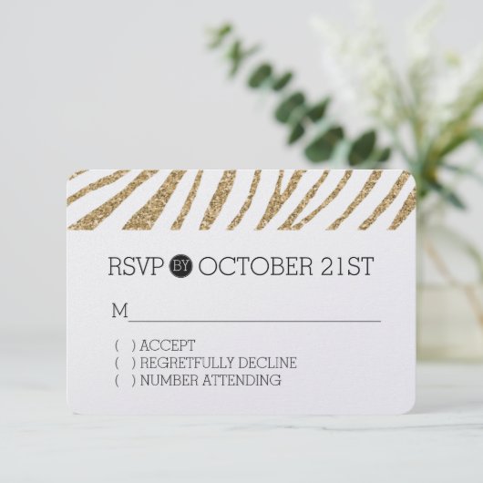 Gouden Faux Glitter Zebra Print RSVP Kaartje (Staand voorkant)
