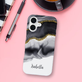 Gouden Faux Glitter Zwart Gepersonaliseerd iPhone 16 Hoesje