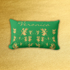 Gouden feeën met Pixie Dust op Green Monogram | Kussen