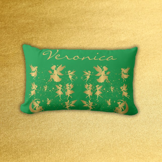 Gouden feeën met Pixie Dust op Green Monogram | Kussen (Creator heeft geüpload)