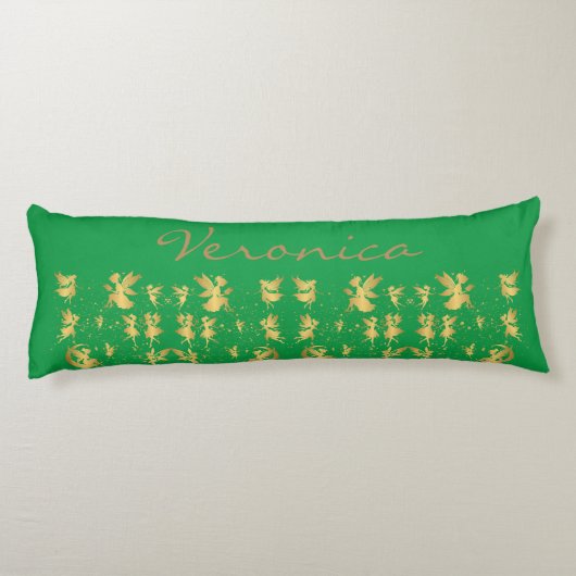 Gouden feeën met Pixie Dust op Green Monogram | Lichaamskussen (Achterkant)