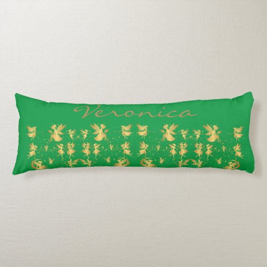Gouden feeën met Pixie Dust op Green Monogram | Lichaamskussen (Voorkant)