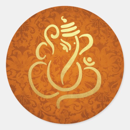 Gouden Feest Ganesh | Indiase God Damast Oranje Ronde Sticker (Voorkant)