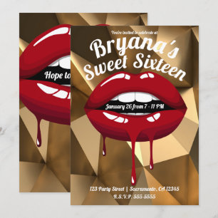 Gouden Feest Luxe Rode Druppende Lippen Sweet 16 Kaart