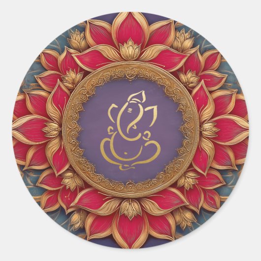 Gouden Feestelijke Ganesh | Indische god Paarse ro Ronde Sticker (Voorkant)