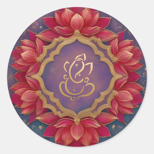 Gouden Feestelijke Ganesh | Indische god Paarse ro Ronde Sticker (Voorkant)