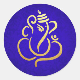 Gouden Festieve Ganesh   Indiase God Damast Blauw Ronde Sticker