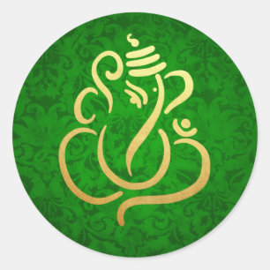 Gouden Festieve Ganesh   Indiase God Damast Groen Ronde Sticker