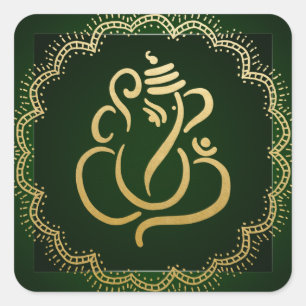 Gouden Festieve Ganesh Indiase God Groene Vierkante Sticker