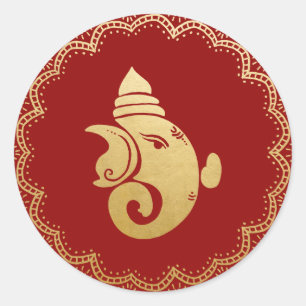 Gouden Festieve Ganesh   Indiase God Rode Elegante Ronde Sticker