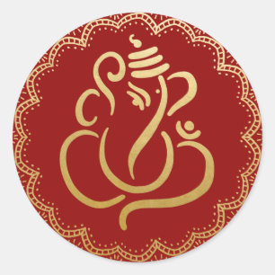 Gouden Festieve Ganesh Indiase God Rood Ronde Sticker