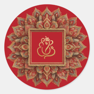 Gouden Festieve Ganesh Indiase God Rood Ronde Sticker