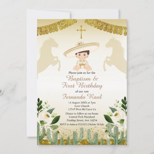 Gouden Fiesta Jongen Doop en Verjaardag Kaart (Voorkant)