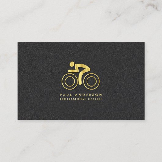 Gouden Fiets Logo Elegant Monogram Zwart Leer Visitekaartje (Voorkant)