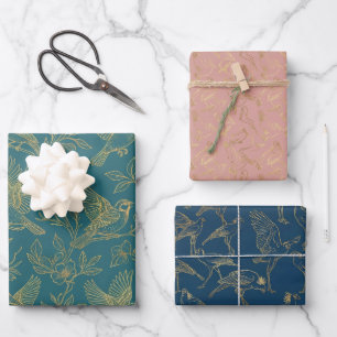 Gouden Filigraan Art Deco Nordic Bloom Vogels Se Inpakpapier Vel
