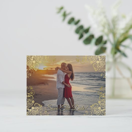 Gouden filigraan bruiloft Bewaar de datum Fotokaar Feestdagenkaart (Staand voorkant)